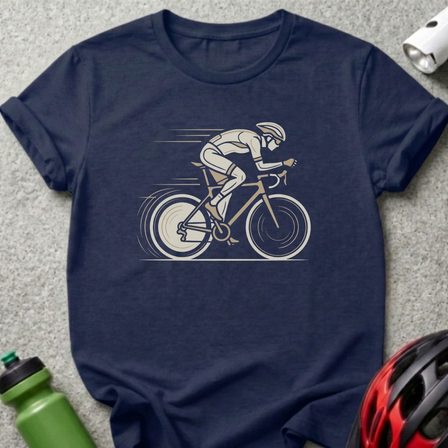 Cyclist in motion on a bicycle, illustration on a navy t-shirt.