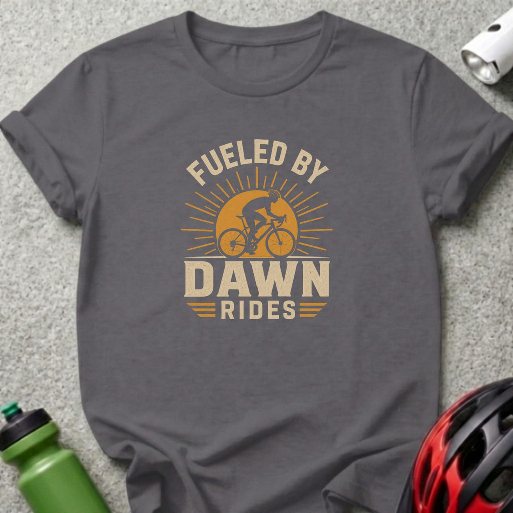 Gray t-shirt with "Fueled by Dawn Rides" text and cyclist graphic.