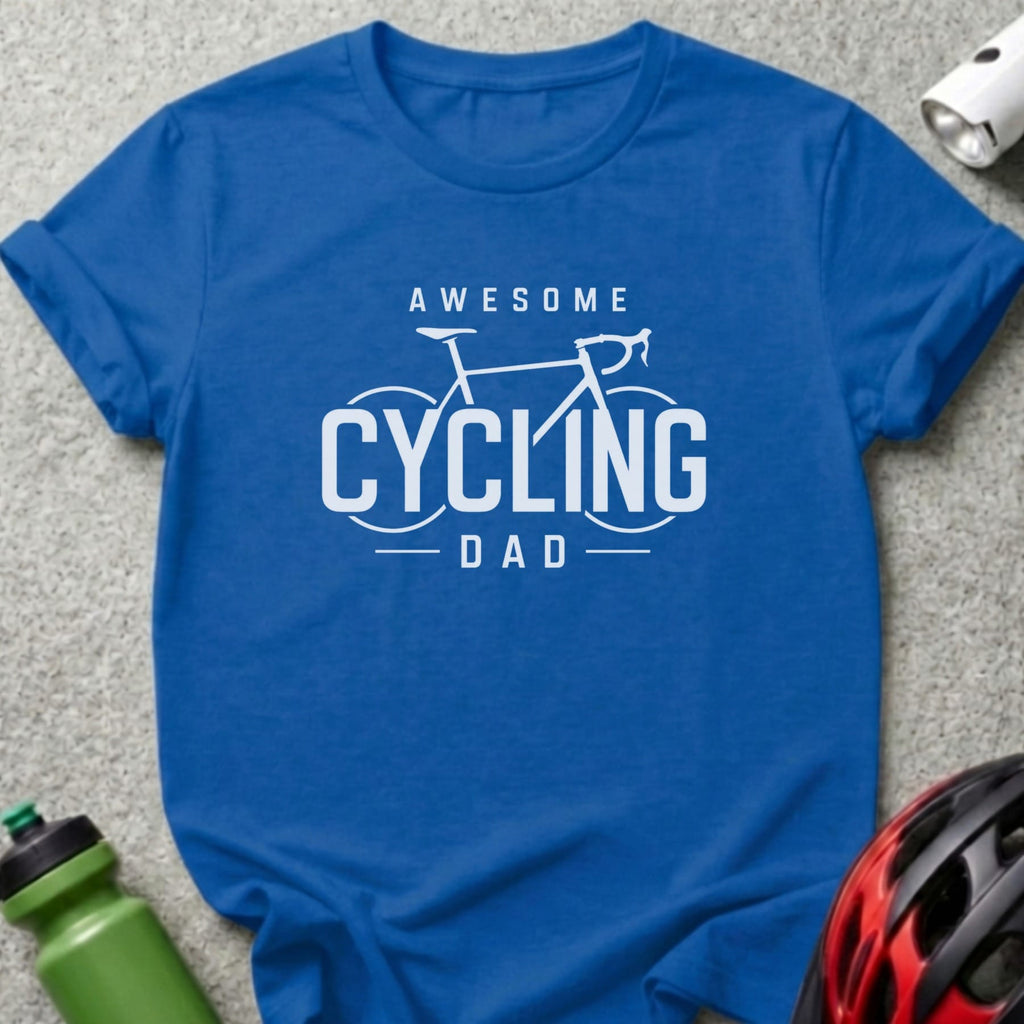 Blue t-shirt with "Awesome Cycling Dad" and a bicycle graphic.