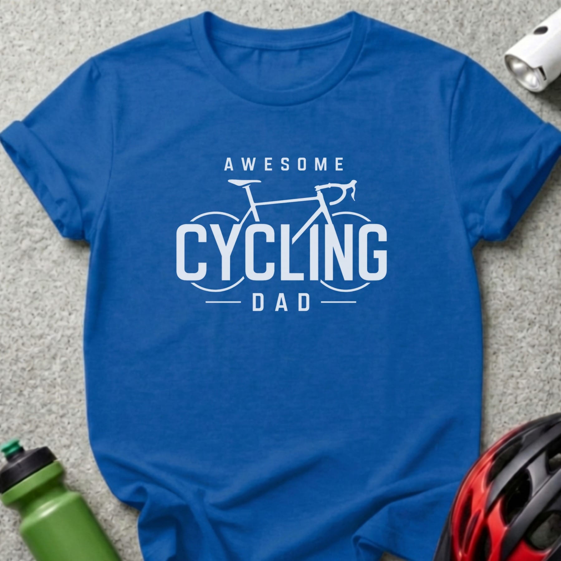 Blue t-shirt with "Awesome Cycling Dad" and a bicycle graphic.