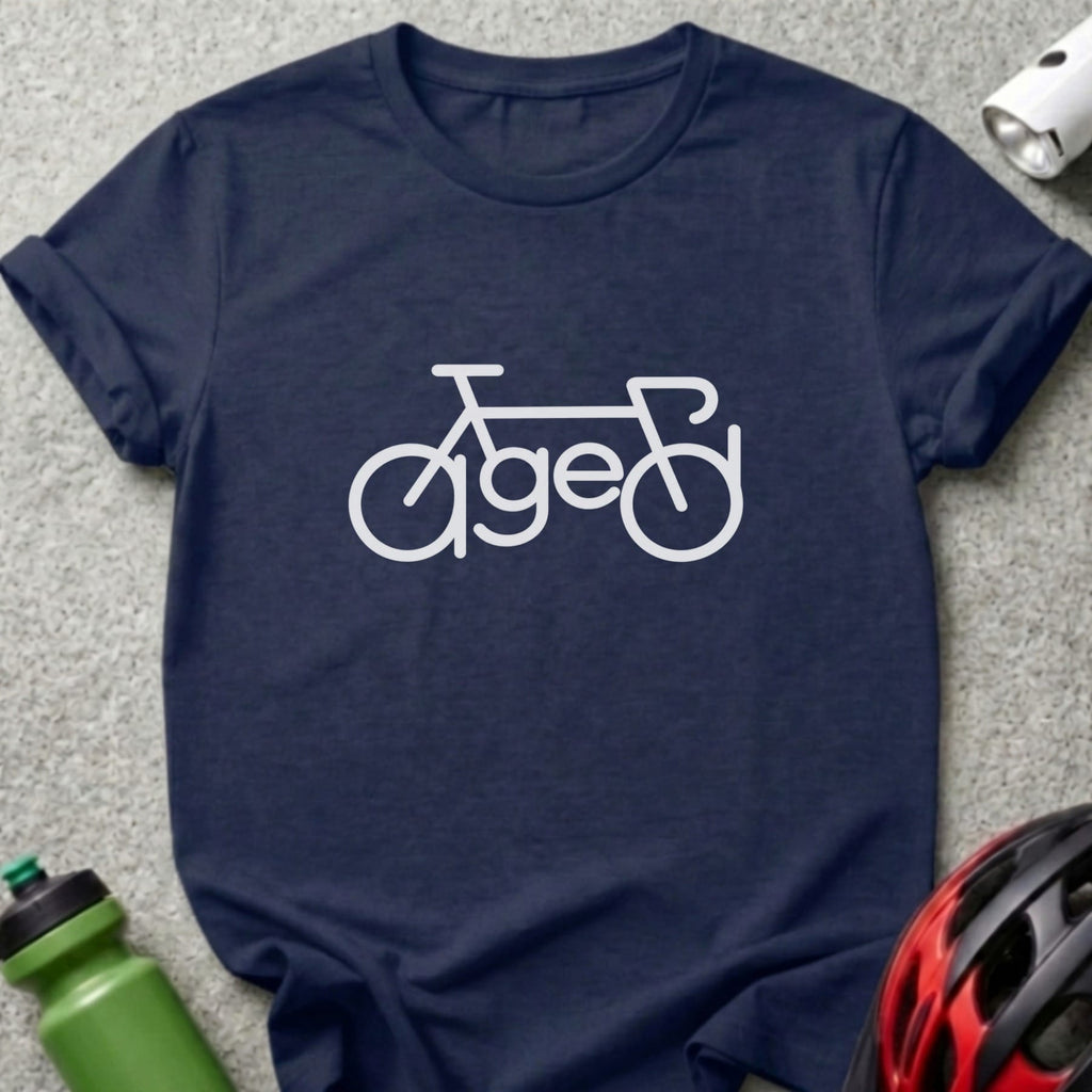 Dark blue t-shirt featuring a white bicycle graphic with the word "aged" integrated into the frame.