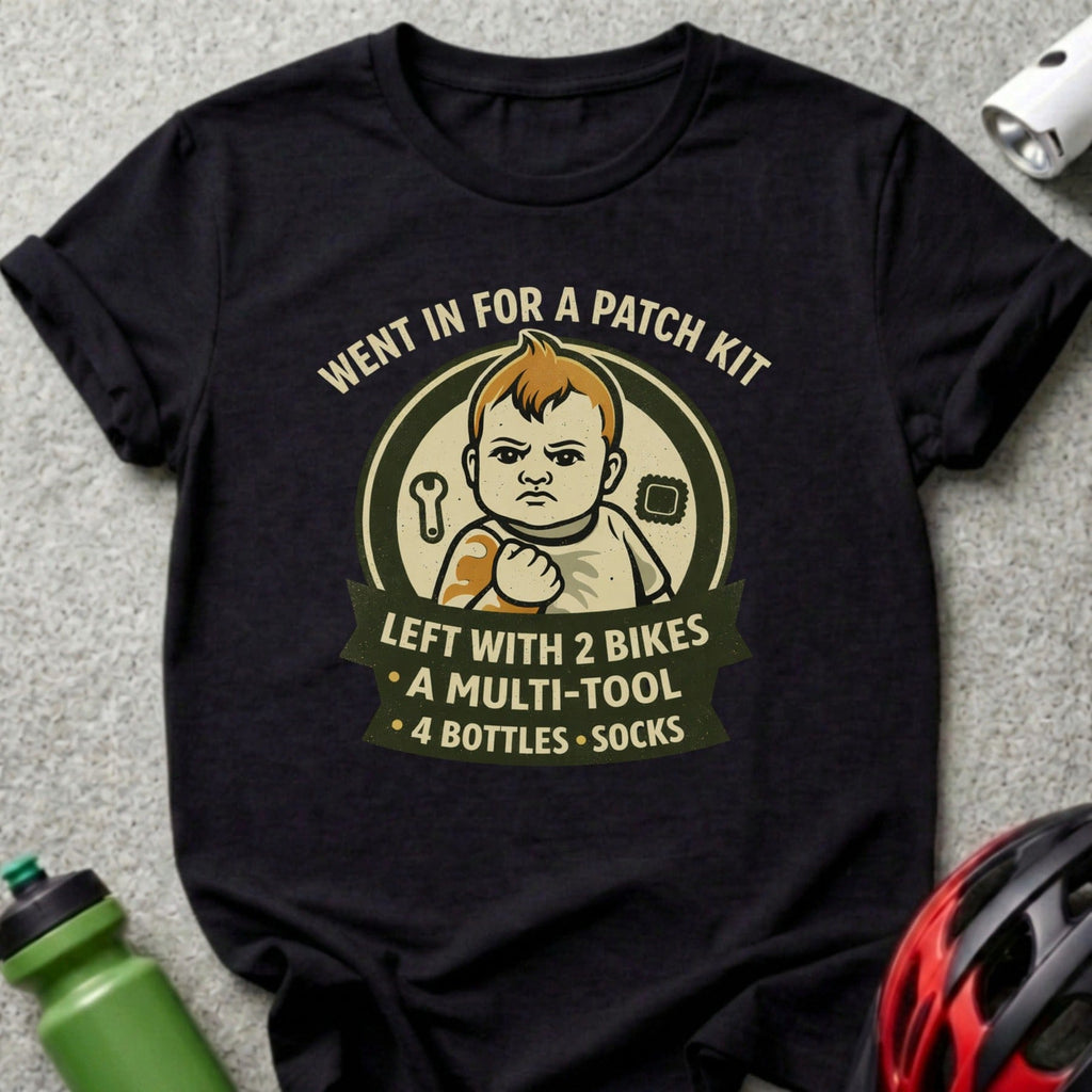 Black t-shirt with "Went in for a patch kit" text and cartoon baby graphic.