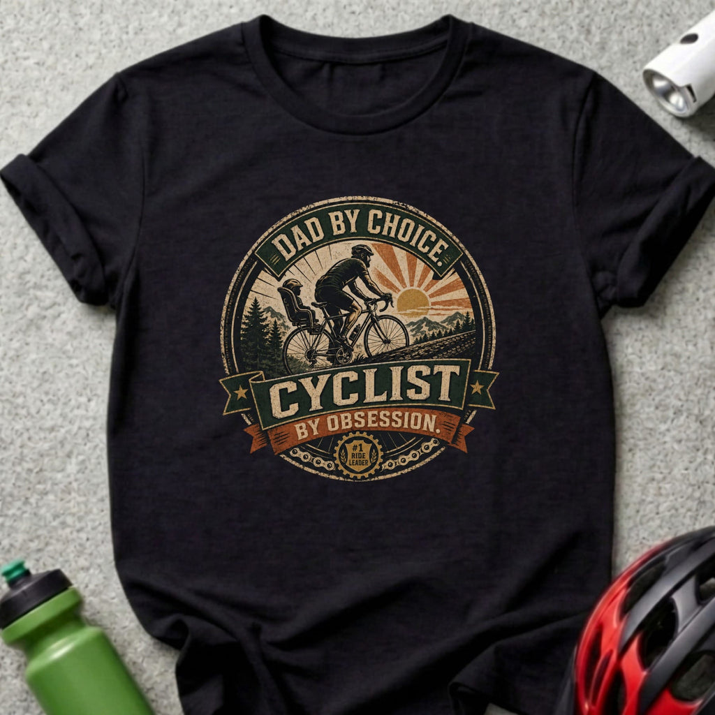Dad by choice, cyclist by obsession t-shirt design with cyclist and child.