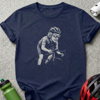 T-shirt graphic of an elderly cyclist wearing a helmet and sunglasses.