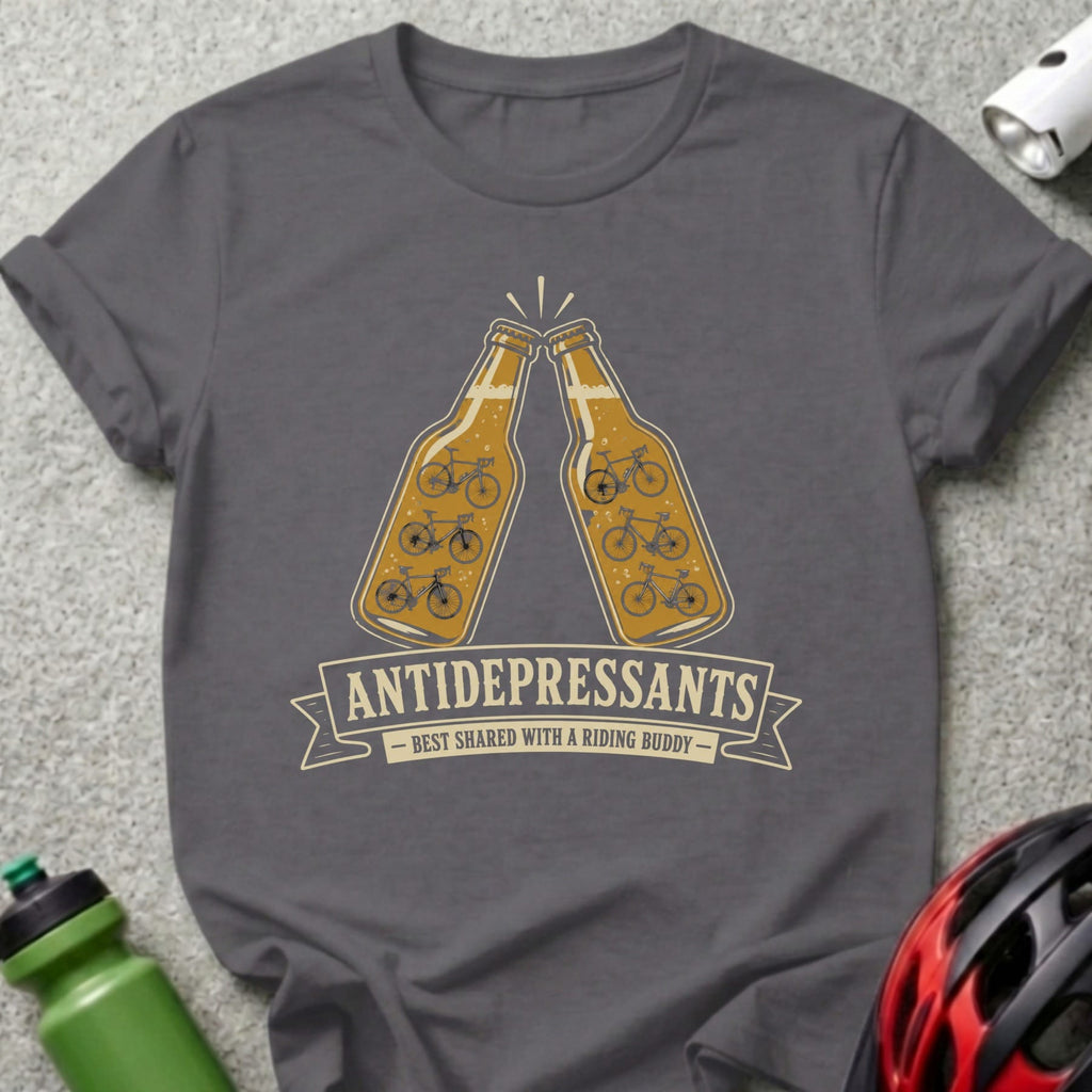 Dark grey t-shirt with "ANTIDEPRESSANTS" text and bicycle graphics.
