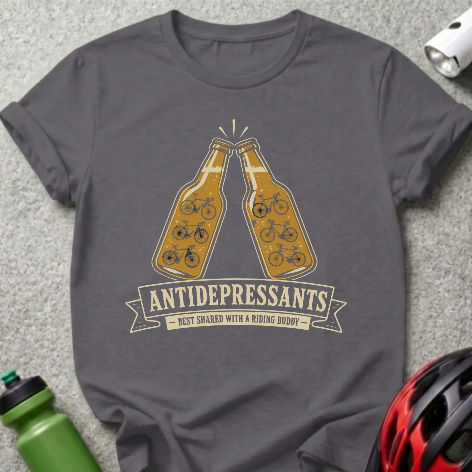 Dark grey t-shirt with "ANTIDEPRESSANTS" text and bicycle graphics.