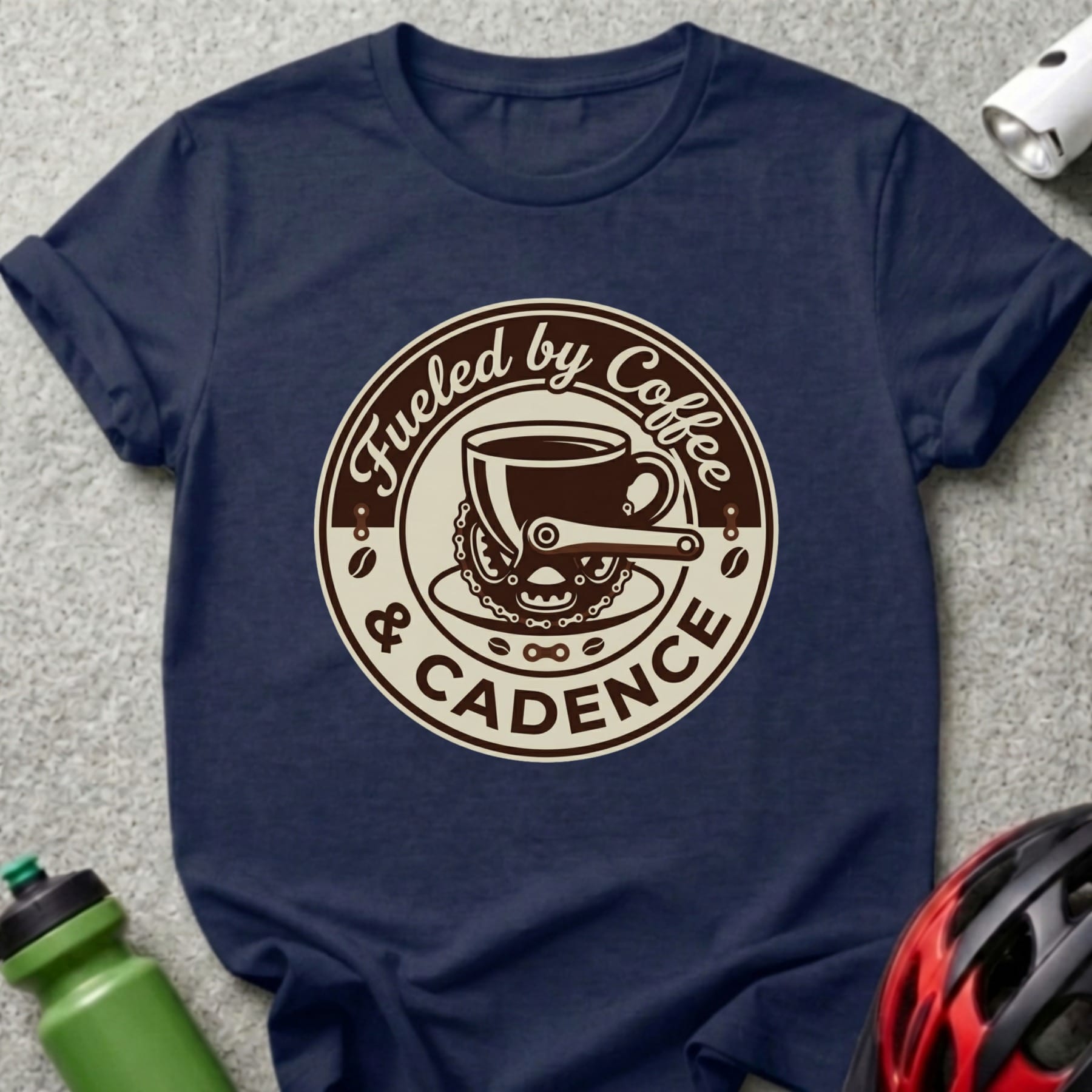 Navy t-shirt with circular "Fueled by Coffee & Cadence" graphic and coffee cup.