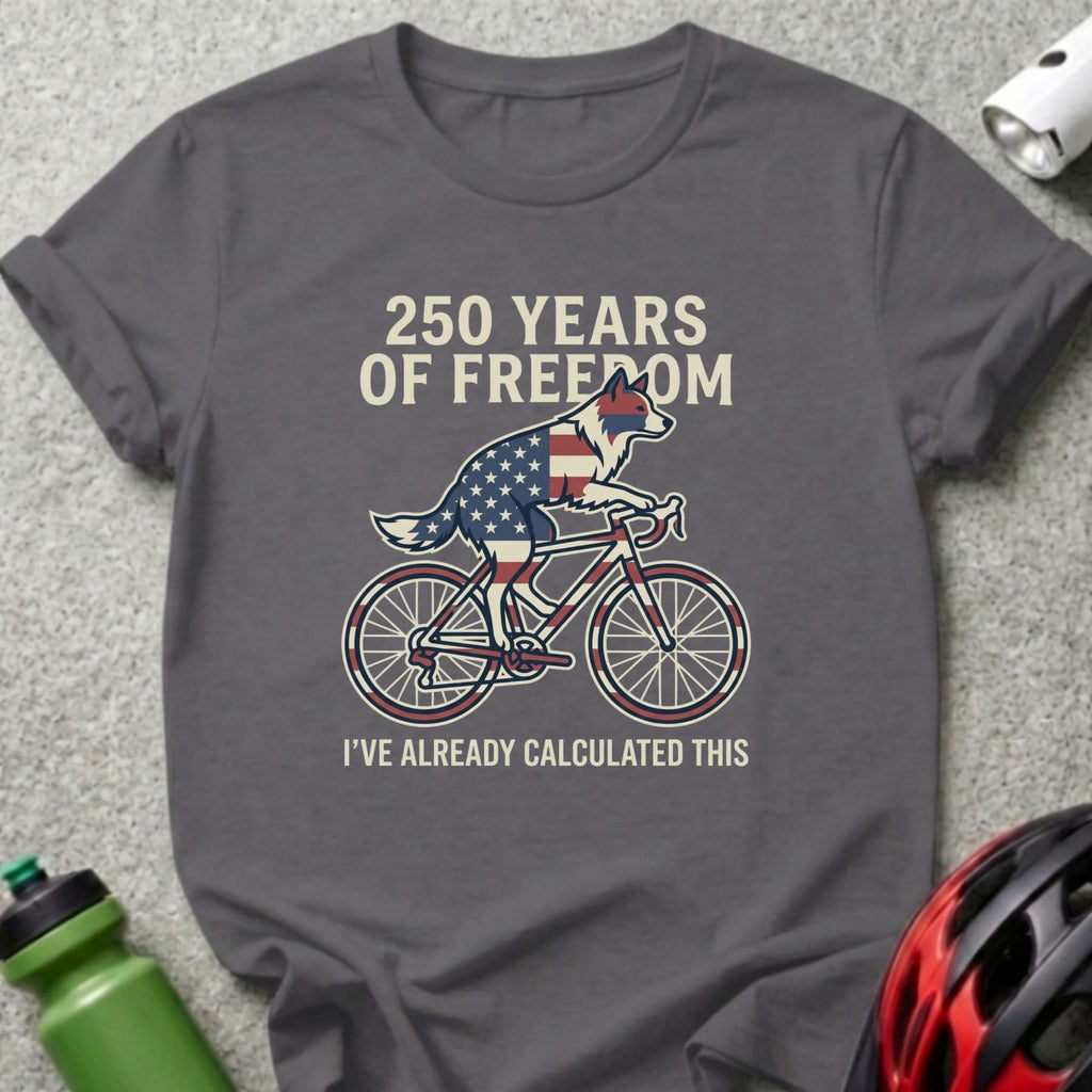 T-shirt with a dog on a bicycle, wearing a flag print, "250 Years of Freedom" and "I've Already Calculated This".