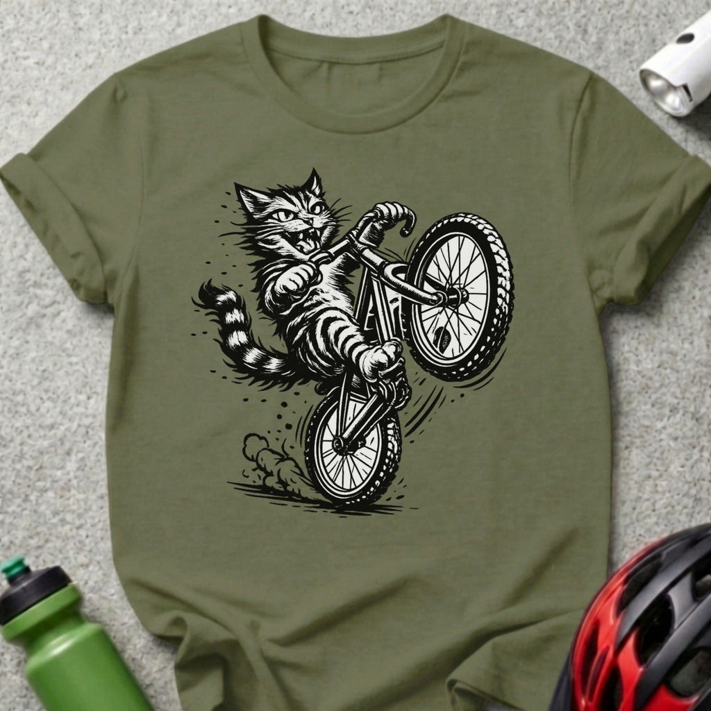 Playful Biking Cat Graphic T-shirt for Cycling Enthusiasts