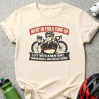 T-shirt with graphic about bike tune-up, new bike, and zero self control.