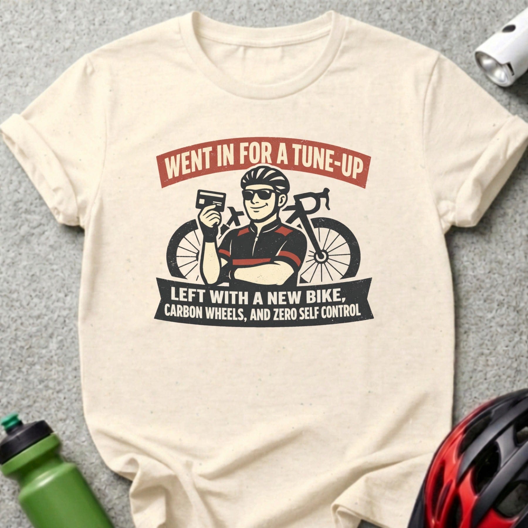 T-shirt with graphic about bike tune-up, new bike, and zero self control.