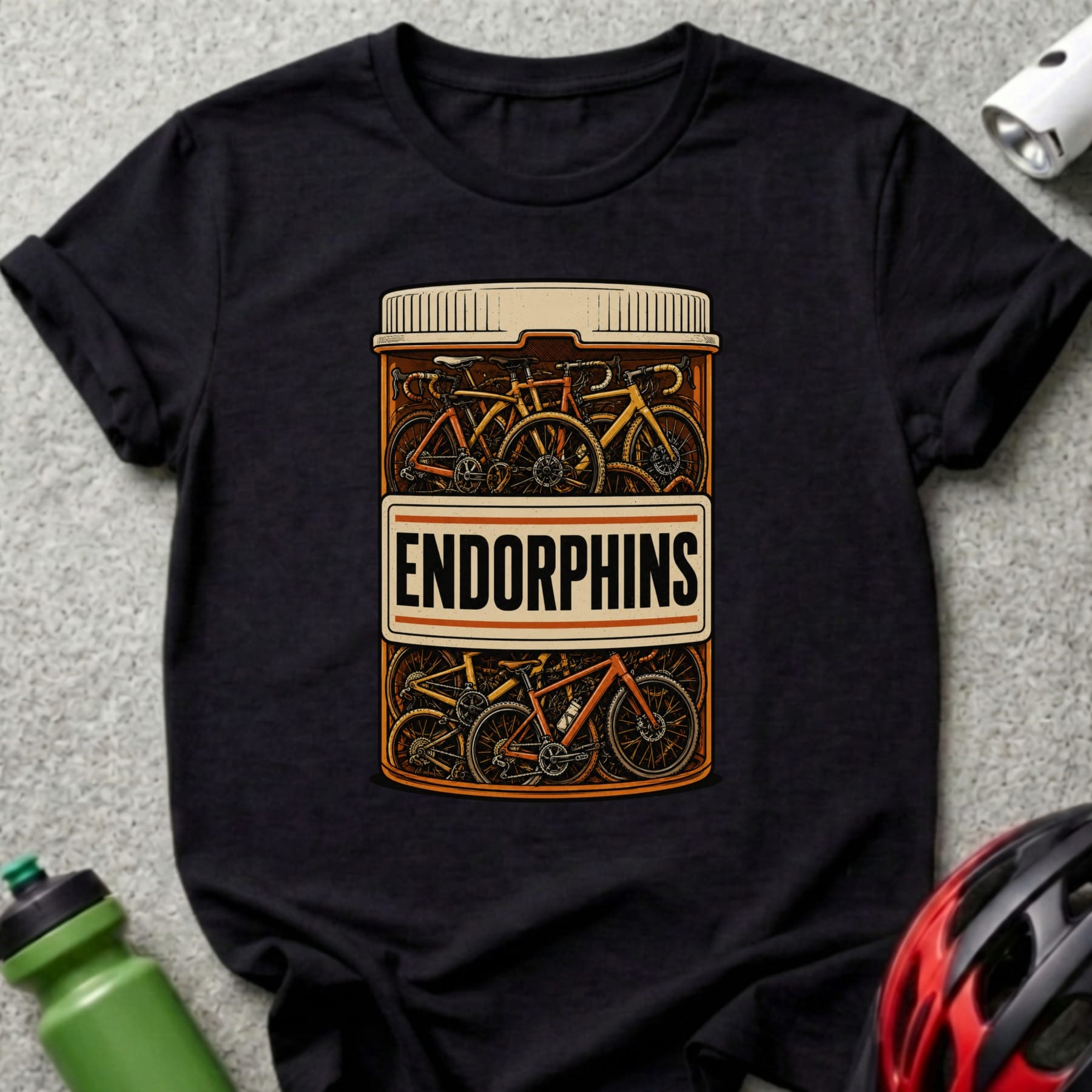 Pill bottle labeled "ENDOPRHINS" filled with bicycles on a black t-shirt.