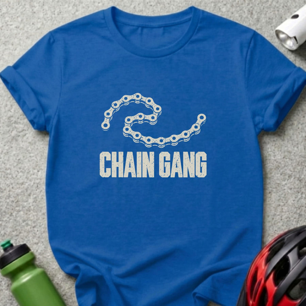 Royal blue crewneck t-shirt featuring a white bicycle chain graphic and the text CHAIN GANG.