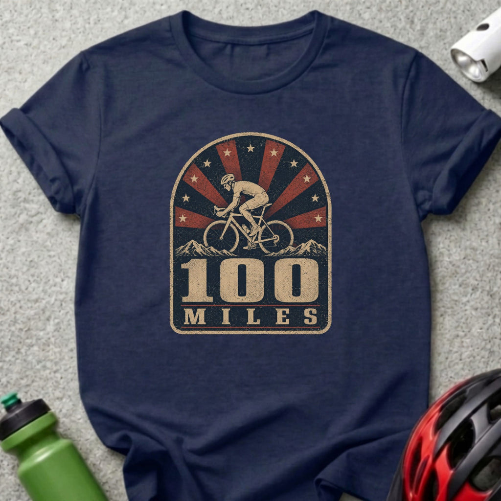Navy t-shirt with a vintage cyclist graphic and "100 Miles" text.