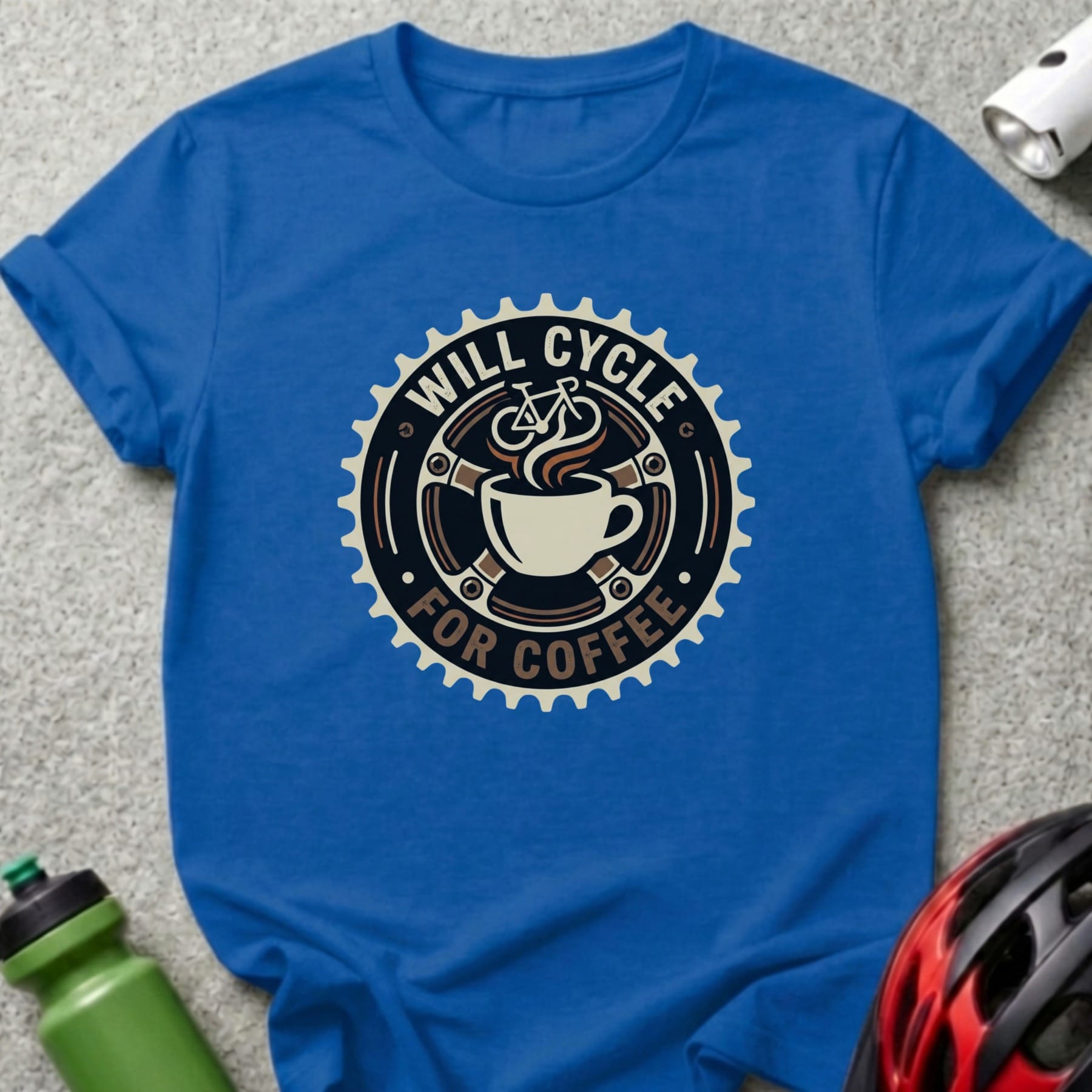 Blue t-shirt with "Will Cycle For Coffee" graphic in a gear design.