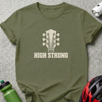An olive green t-shirt featuring a distressed guitar headstock graphic made of bicycle chains and the text HIGH STRUNG.