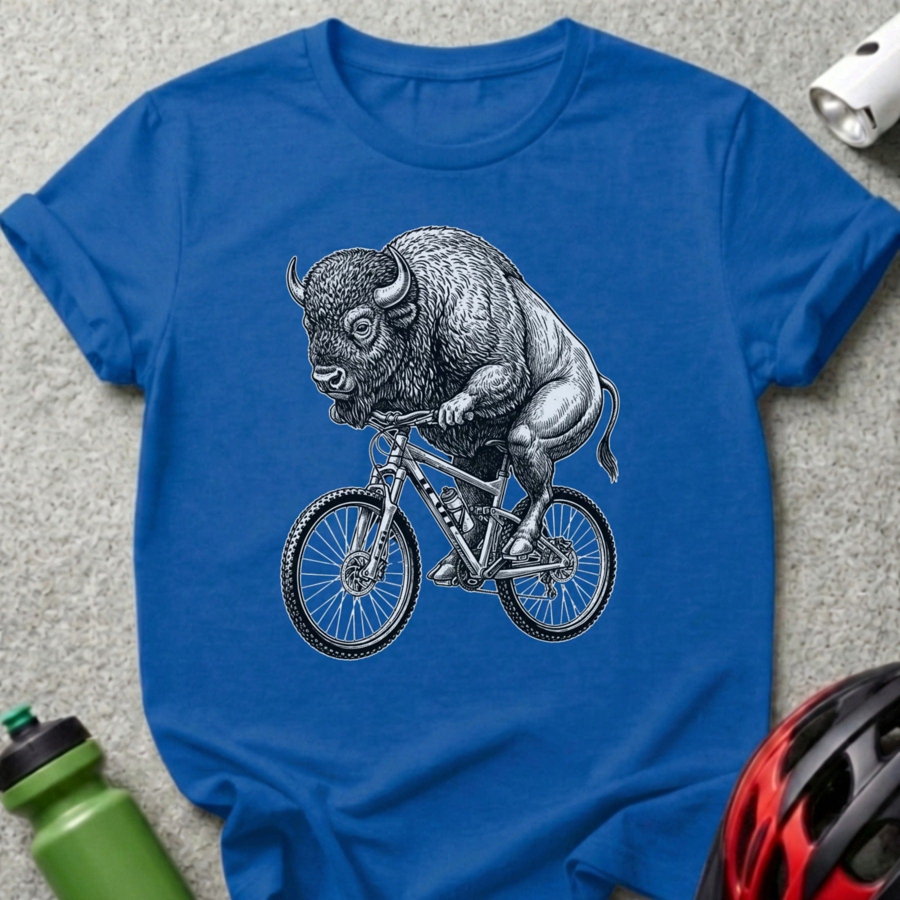 Bison on Bicycle graphic on Blue T-Shirt