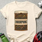 T-shirt with pill bottle graphic labeled "ENDORPHINS" filled with bicycles.
