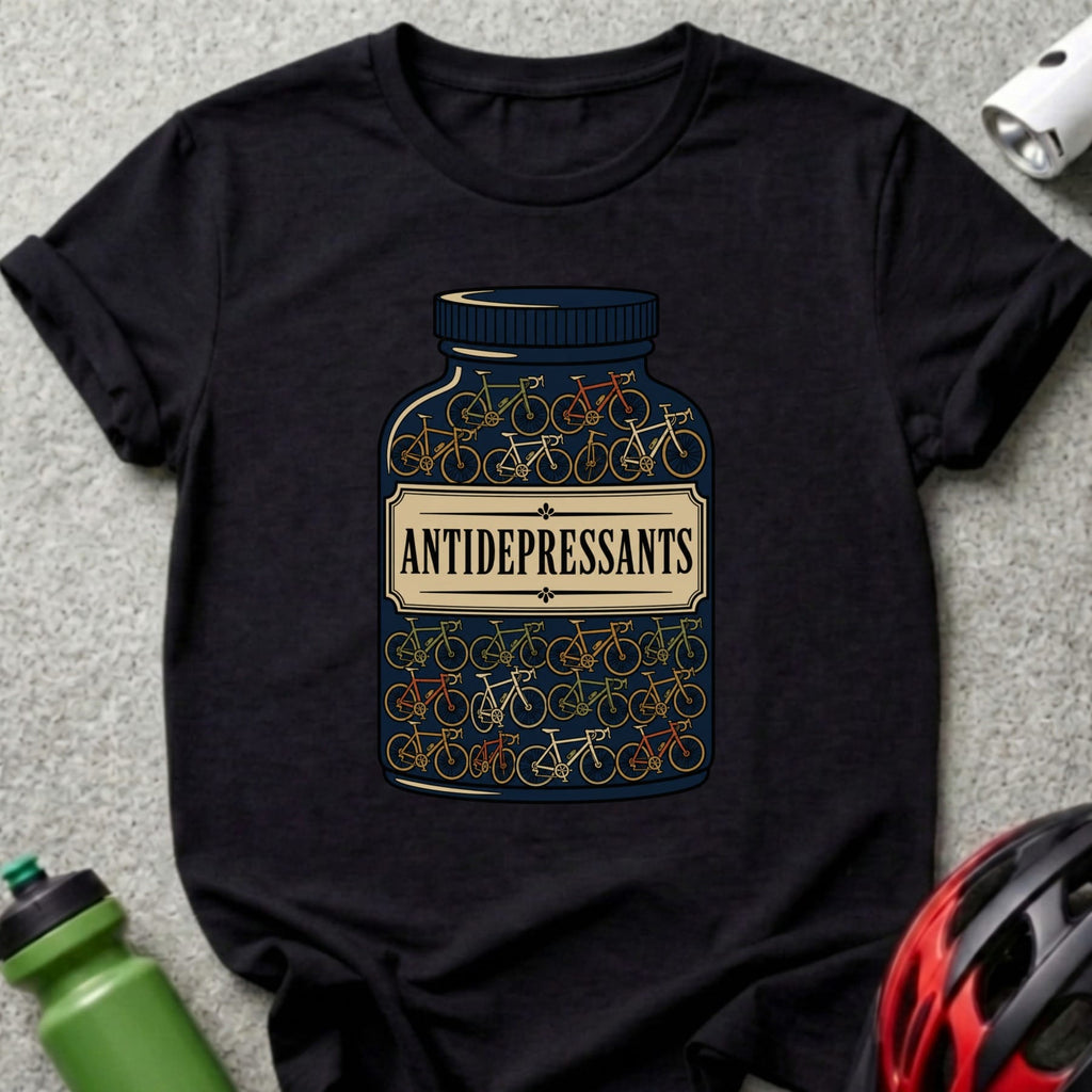 Black t-shirt with a bottle of bicycles labeled "Antidepressants".