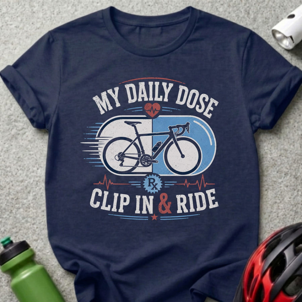 Navy t-shirt with "My Daily Dose Clip In & Ride" and a bicycle graphic.