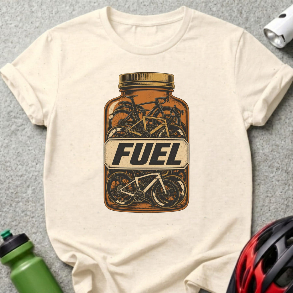 T-shirt with a vintage fuel can graphic containing bicycles and the word "FUEL".