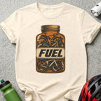 T-shirt with a vintage fuel can graphic containing bicycles and the word "FUEL".