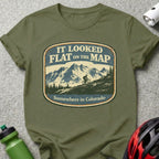 Mountain biker silhouette on "It Looked Flat on the Map" t-shirt, Somewhere in Colorado.