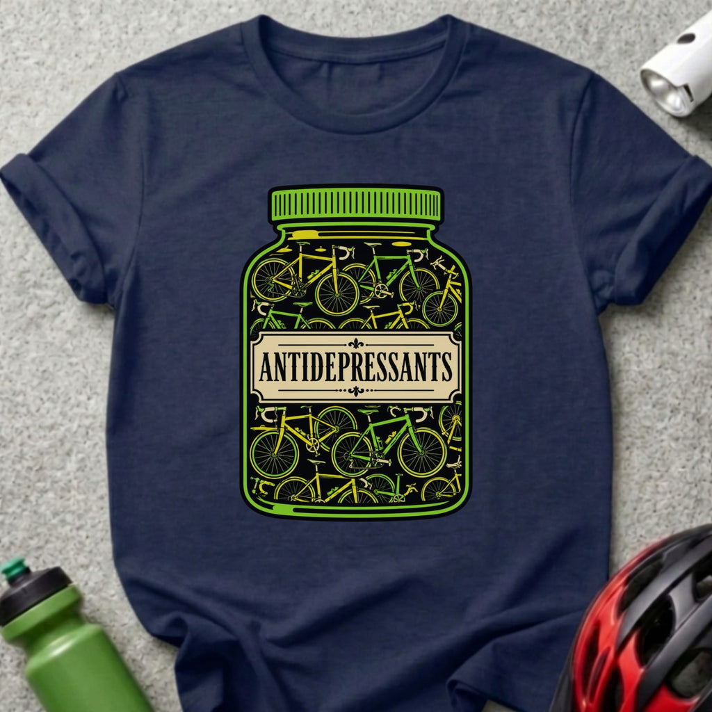 T-shirt with a jar labeled "ANTIDEPRESSANTS" filled with bicycles.