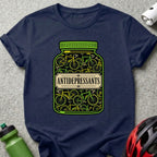 T-shirt with a jar labeled "ANTIDEPRESSANTS" filled with bicycles.