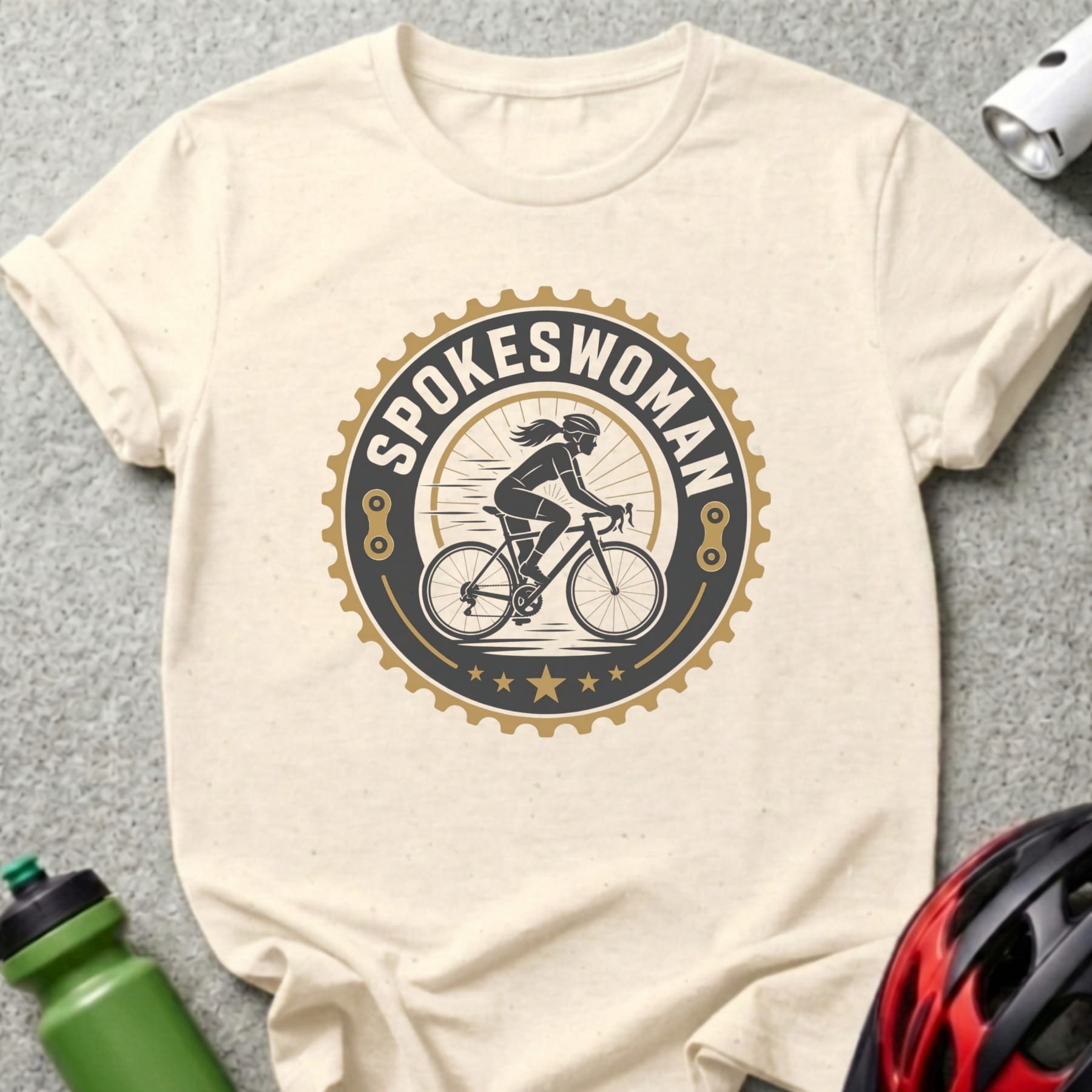 T-shirt with "Spokeswoman" logo featuring a cyclist and gear motif.