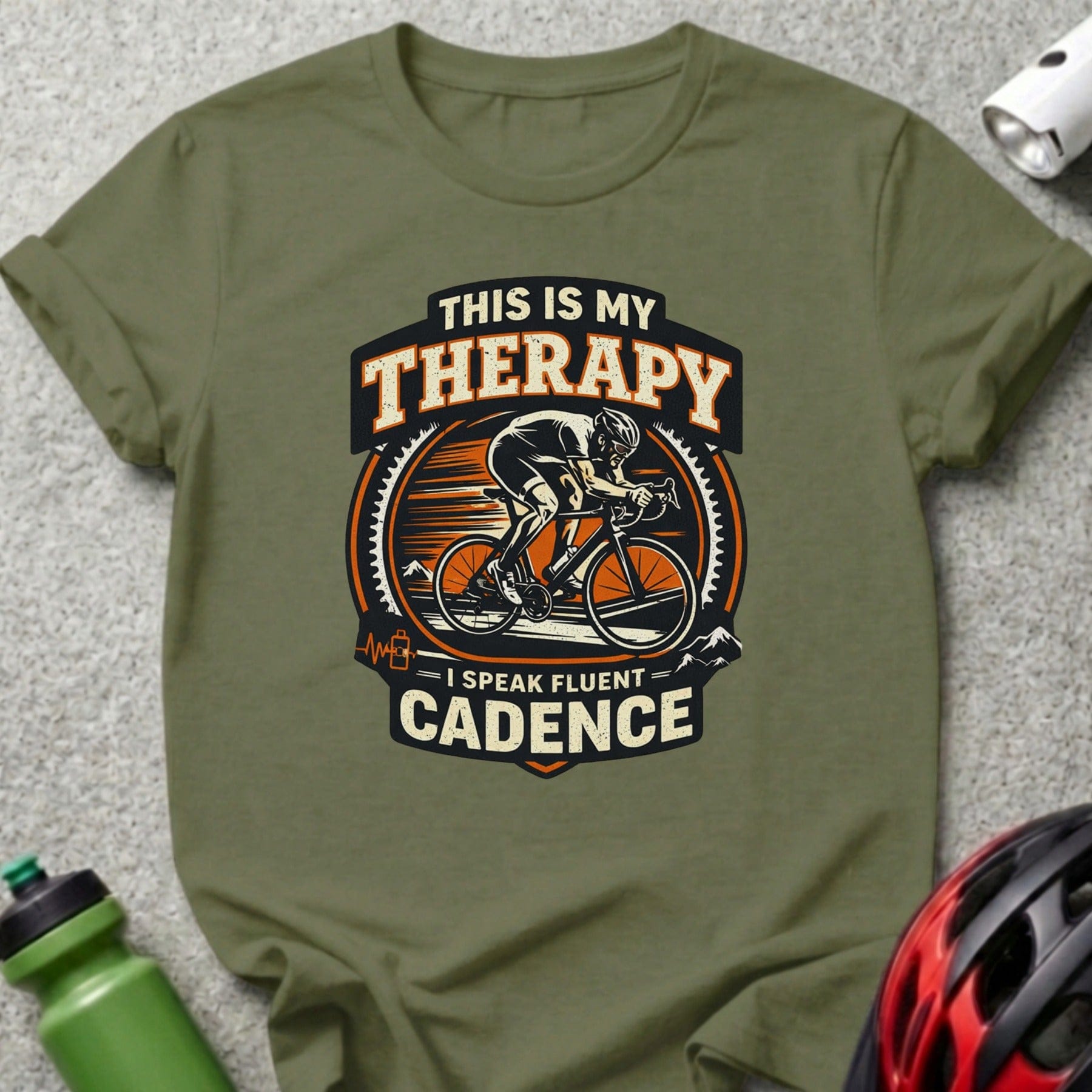 T-shirt with cyclist graphic and text "This is my therapy. I speak fluent cadence."