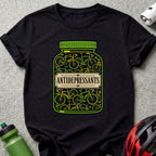 T-shirt with a jar labeled "ANTIDEPRESSANTS" filled with bicycles.