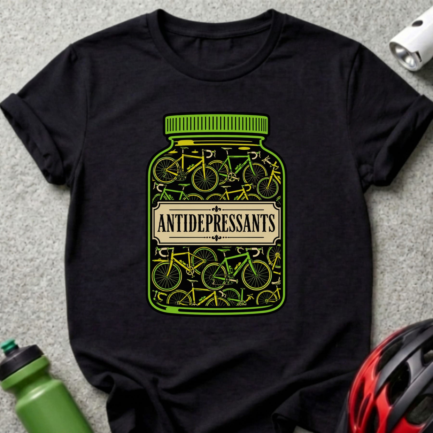 T-shirt with a jar labeled "ANTIDEPRESSANTS" filled with bicycles.
