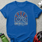 Blue t-shirt with "America 250" text and a bicycle logo.