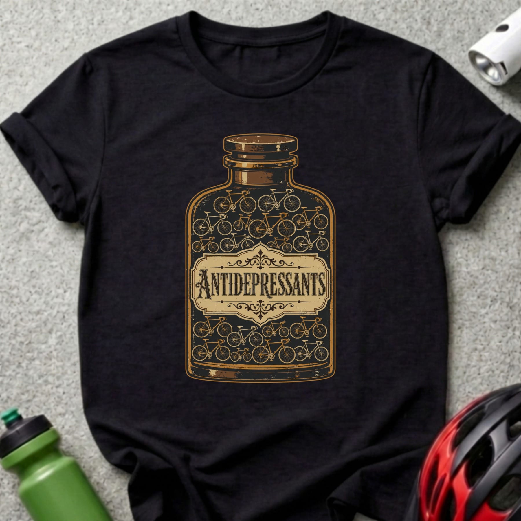 T-shirt with a bottle labeled "ANTIDEPRESSANTS" filled with bicycles.