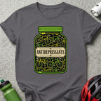 Dark grey t-shirt featuring a pill bottle filled with bicycles, labeled "ANTIDEPRESSANTS".