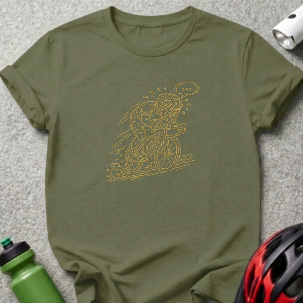 Olive t-shirt with an orange dotted illustration of a cyclist wearing a helmet.