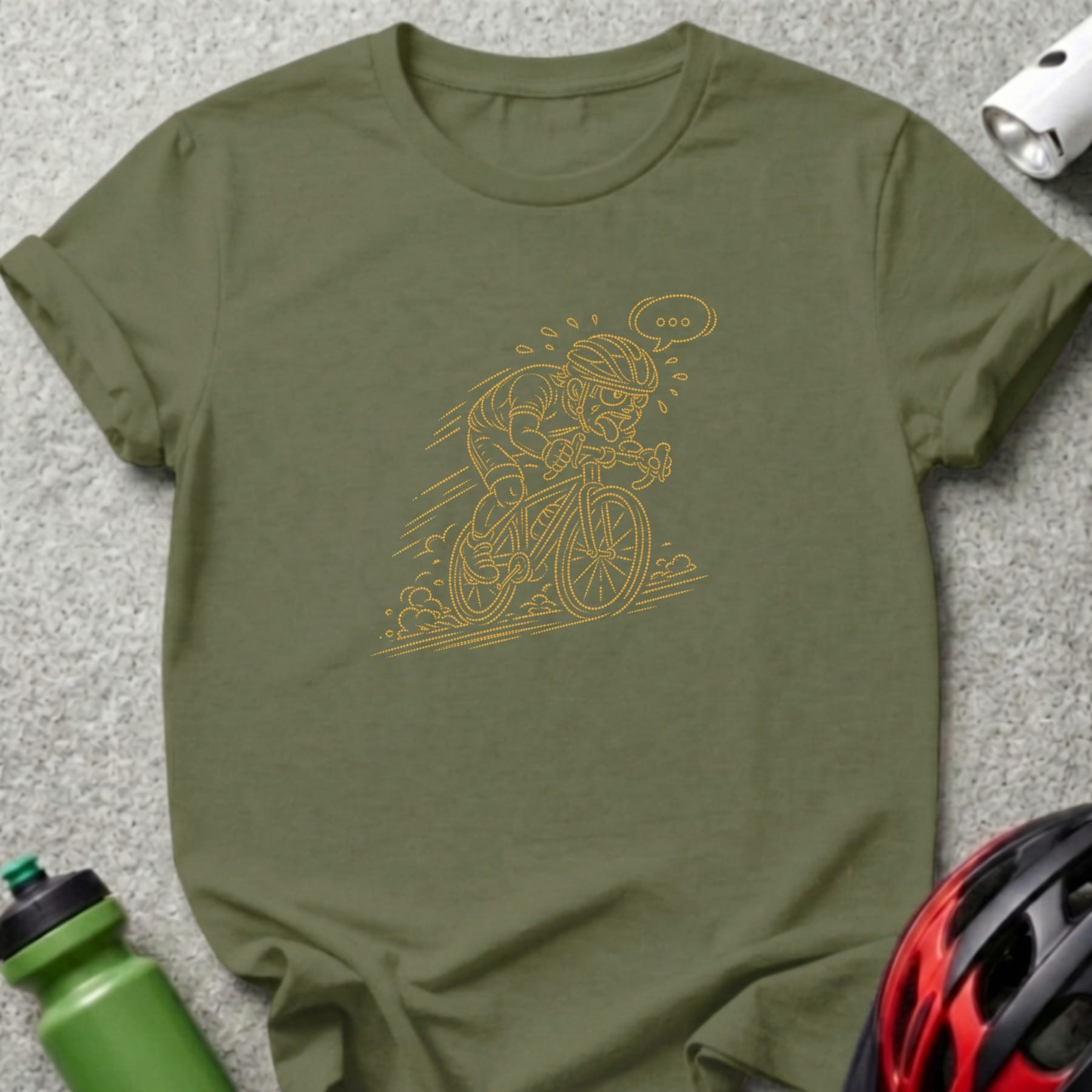 Olive t-shirt with an orange dotted illustration of a cyclist wearing a helmet.