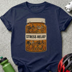 T-shirt with a pill bottle design featuring various bicycle illustrations.