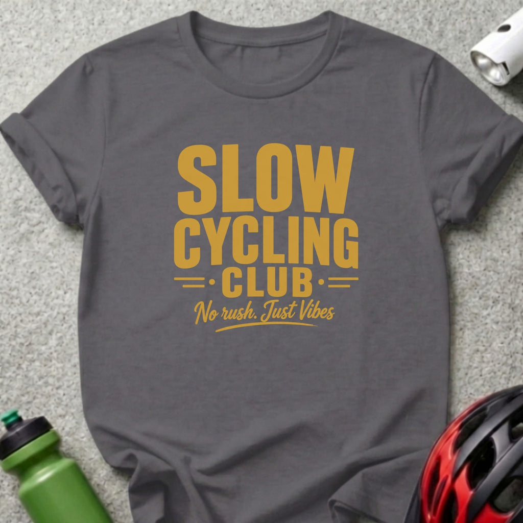 Gray t-shirt with text "SLOW CYCLING CLUB" and "No rush. Just Vibes."