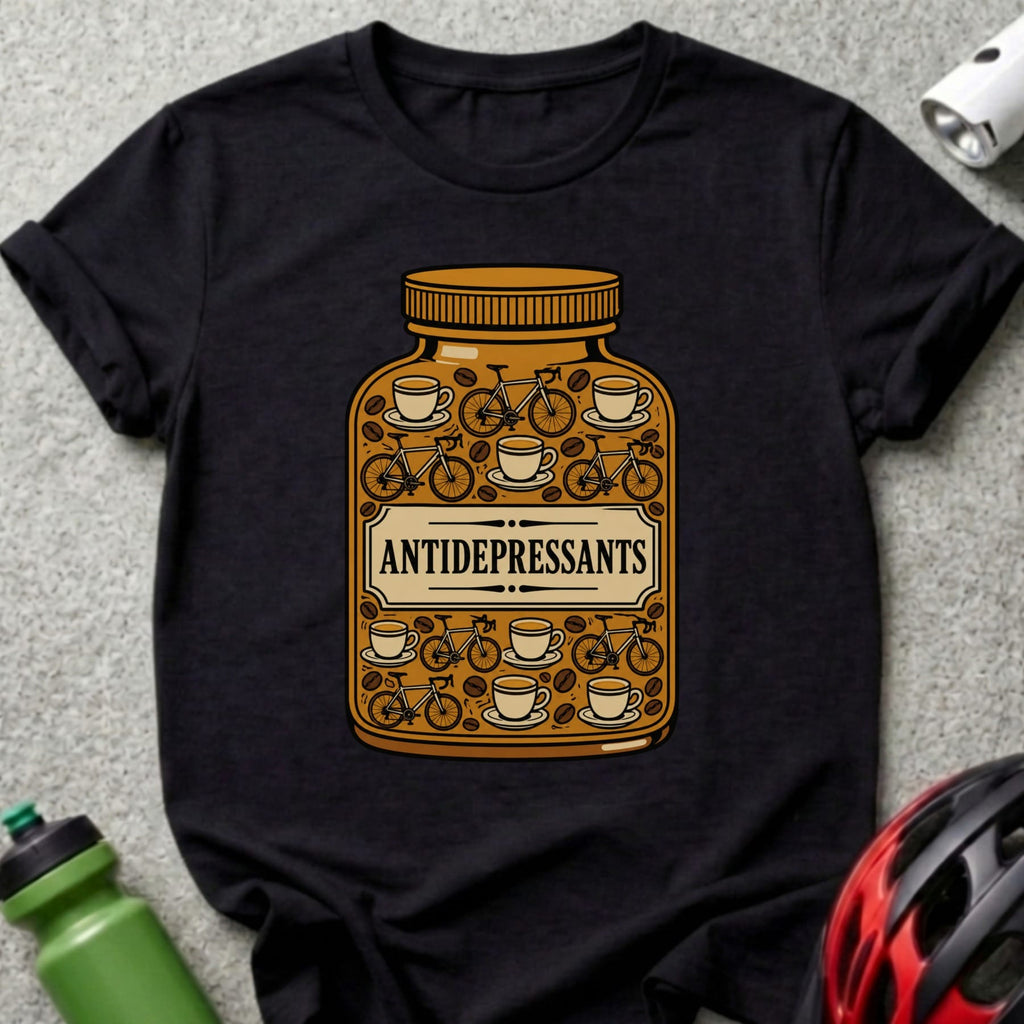 Black t-shirt with a pill bottle labeled "ANTIDEPRESSANTS" filled with coffee cups and bicycles.