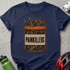 T-shirt design featuring bicycles in a pill bottle labeled "PAINKILLERS".