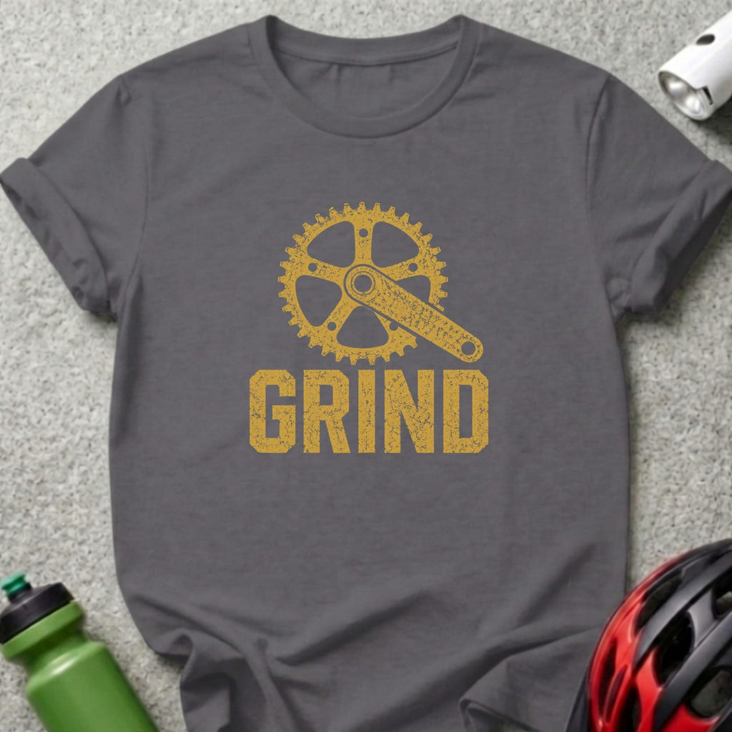 Grey t-shirt with a yellow distressed bike crank and "GRIND" text.