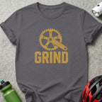 Grey t-shirt with a yellow distressed bike crank and "GRIND" text.