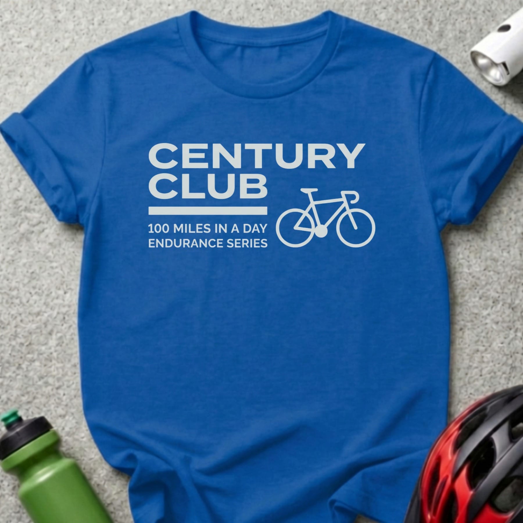 Blue t-shirt with white text and bicycle graphic: CENTURY CLUB ENDURANCE SERIES.