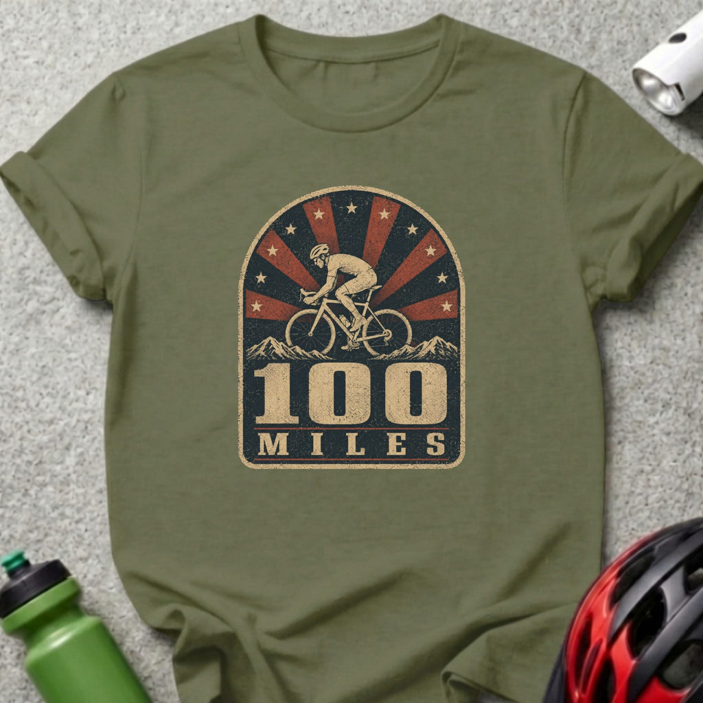 Olive t-shirt with "100 MILES" and a cyclist graphic in a distressed vintage style.