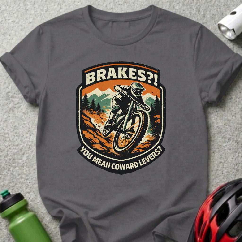 Graphic tee with mountain biker illustration and "BRAKES?! YOU MEAN COWARD LEVERS?" text.