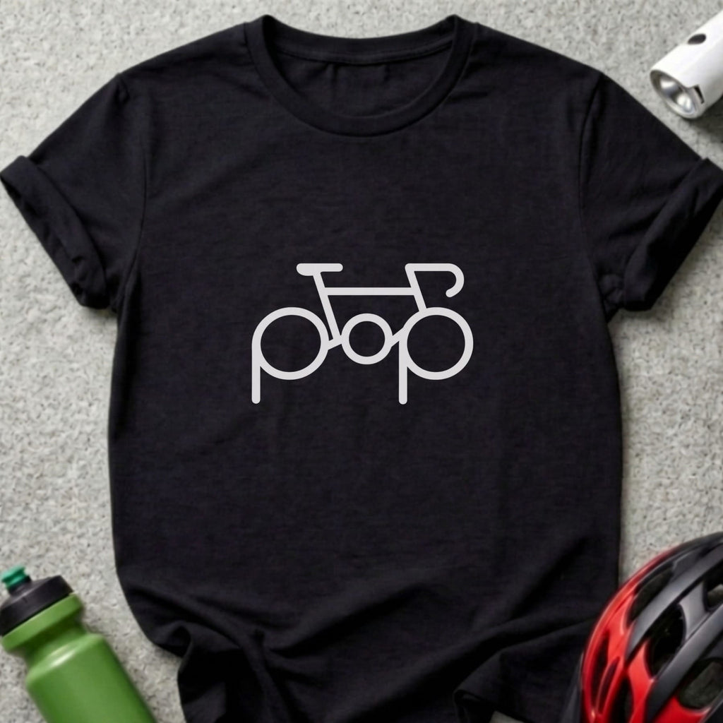 Black t-shirt featuring a white graphic of a bicycle with the word pop formed by its wheels and center.