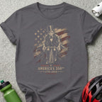 Abraham Lincoln on a bicycle with American flag and "America's 250th 1776-2026" text.