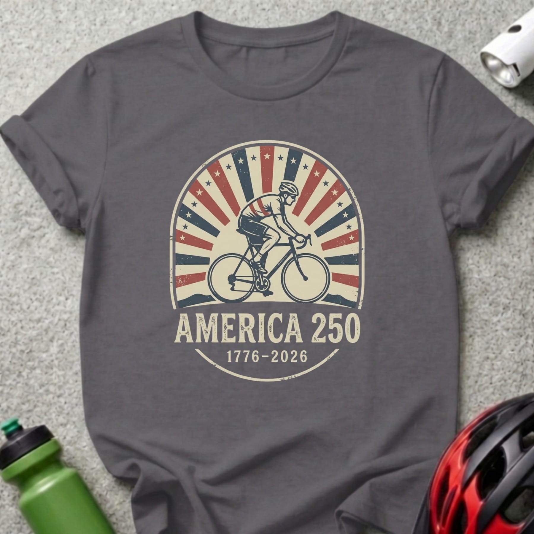 T-shirt with cyclist graphic and "America 250 1776-2026" text.